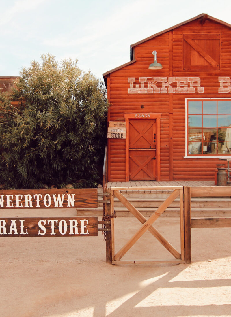 a bright red barn that is now a general store in Pioneertown California