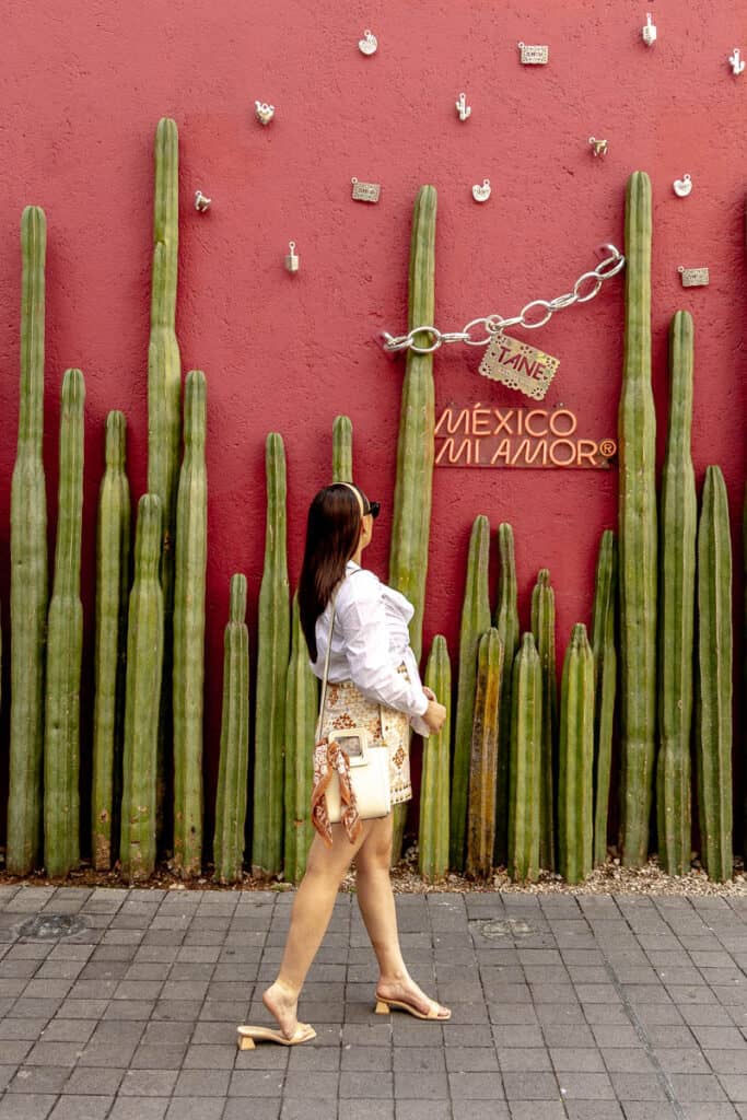 girl standing in front of a Red Wall decorated with cactus in Polanco Mexico City