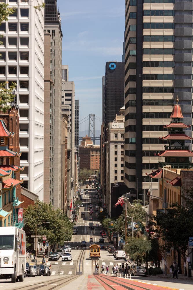 the iconic view of a cable car in San Francisco