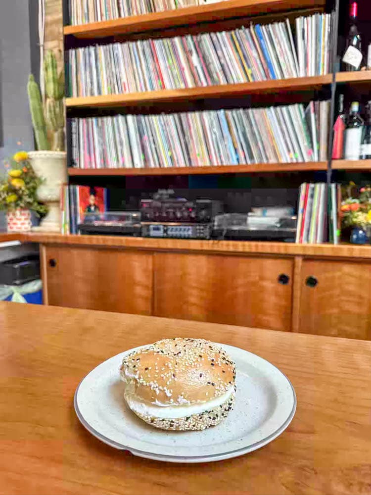 black and white sesame NY style bagel at cafe in Richmond District