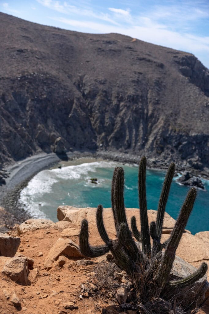 hike with crystal clear water, mountains, and cacti for the viewpoint