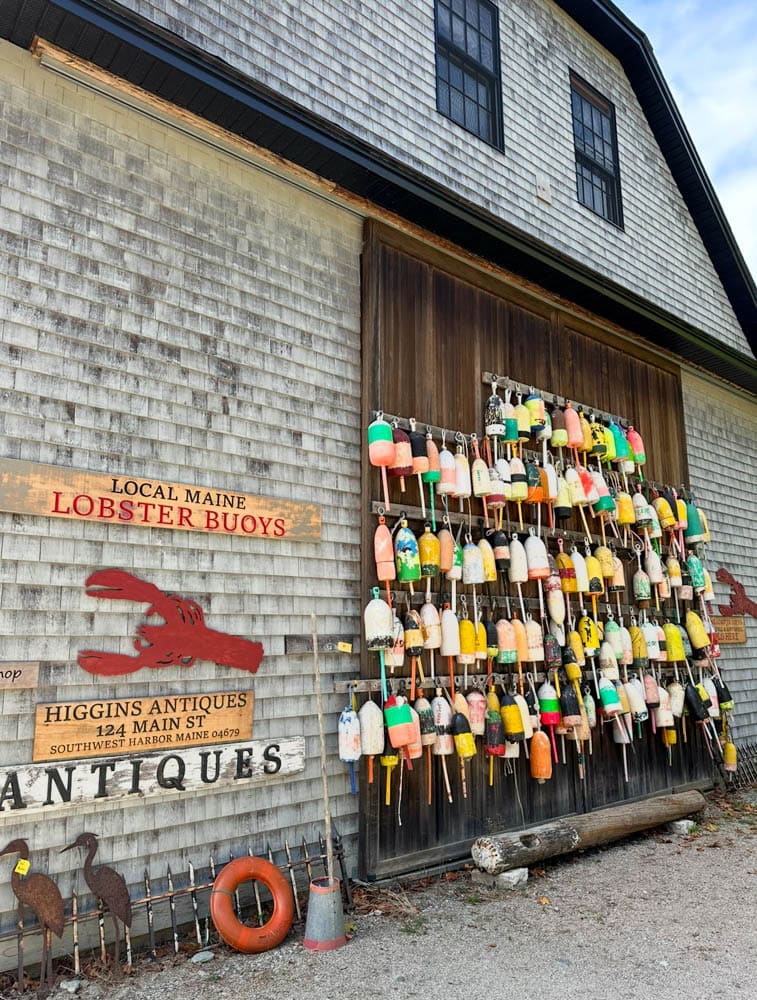 antique shop with bouys on building in Bass Harbor Maine
