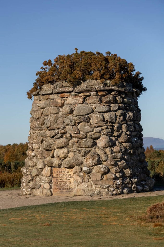 Historic Culloden stone memorial on Scottish battlefield, dedicated to those who fought in the Battle of Culloden, 1746.
