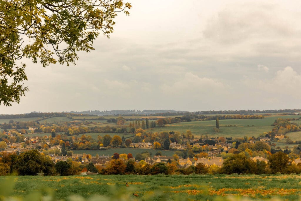 Picturesque rural landscape showcasing lush green fields, vibrant fall colors, and charming small houses.