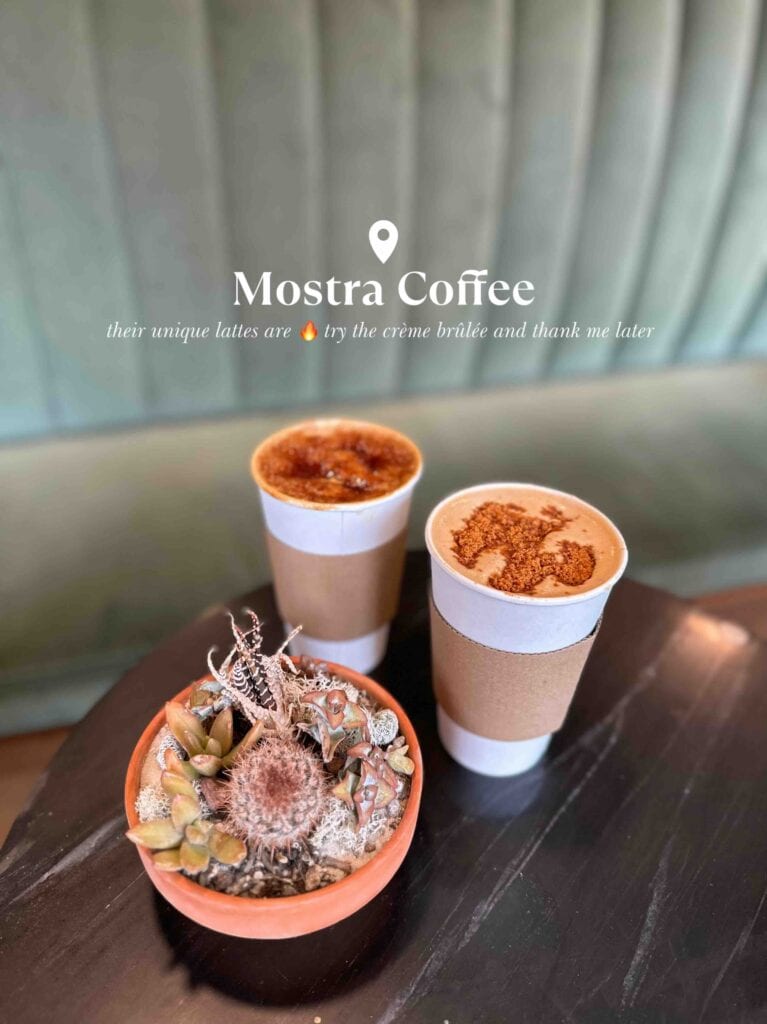 Coffee and dessert at Mostra Coffee, cozy cafe setting.