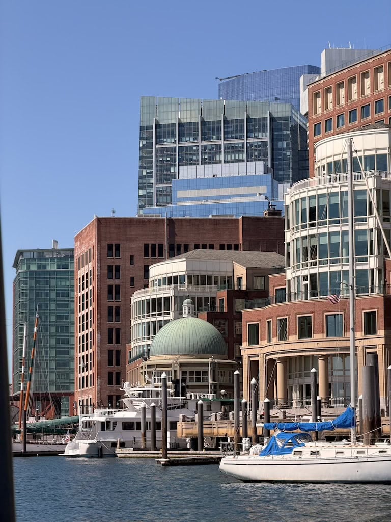 City skyline with marina, boats, and modern buildings in a vibrant urban setting.