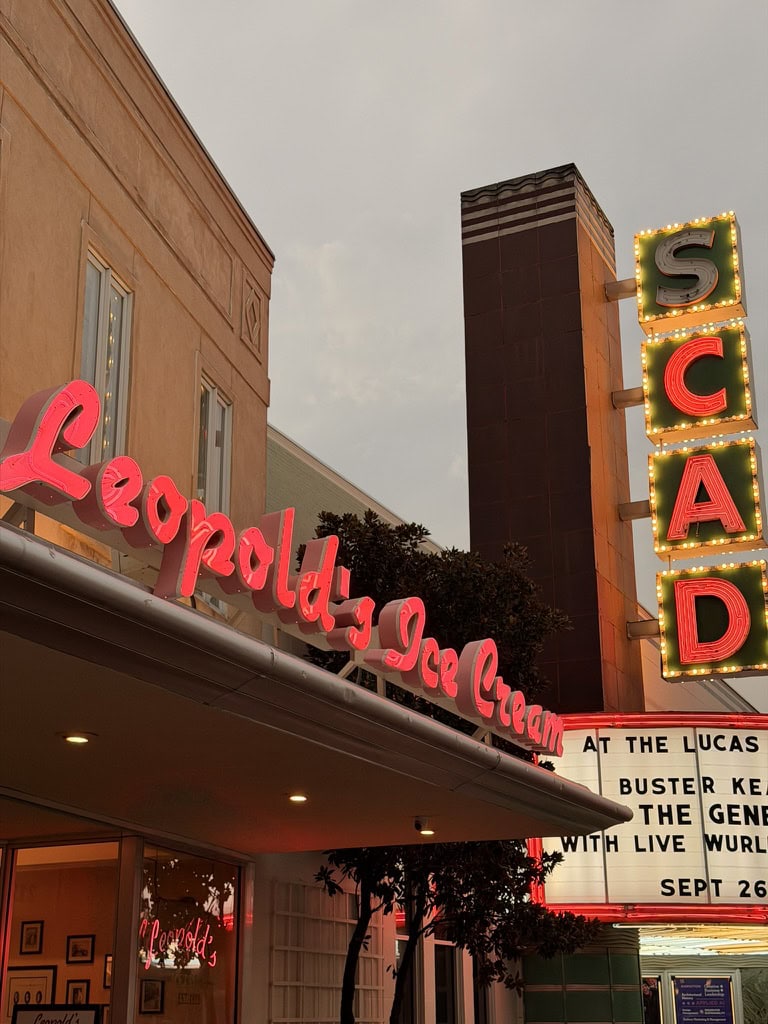 Leopold's ice cream shop sign with neon lights and marquee in Savannah, Georgia.